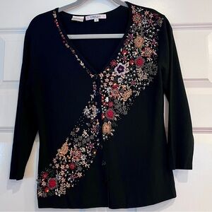 Vintage Beaded Embroidered Cardigan Sweater Medium Black Floral V-Neck ~Stunning